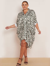 Italian Geometric Print V-Neck Ruched Sides Lagenlook Drape Midi Dress