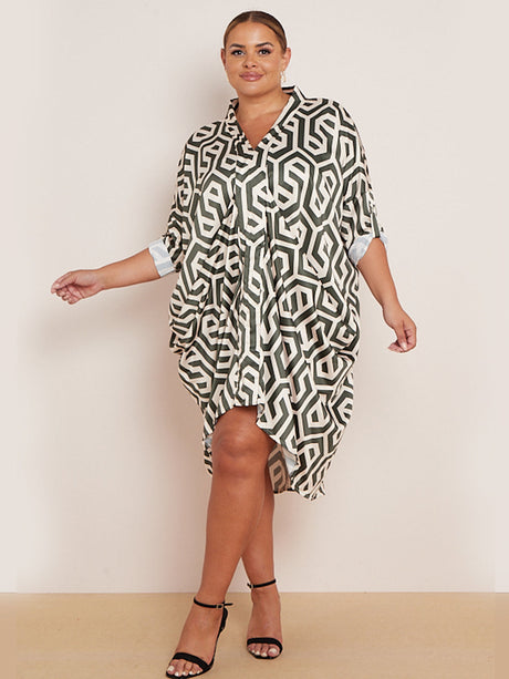 Italian Geometric Print V-Neck Ruched Sides Lagenlook Drape Midi Dress