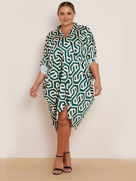 Italian Geometric Print V-Neck Ruched Sides Lagenlook Drape Midi Dress