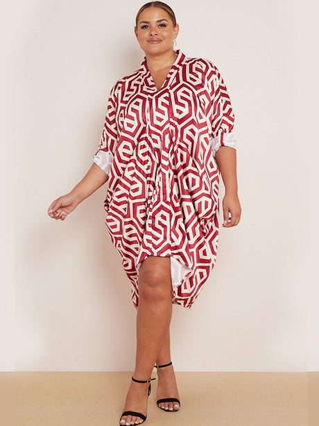 Italian Geometric Print V-Neck Ruched Sides Lagenlook Drape Midi Dress