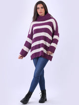 Knitted Cowl Neck Stripy Woolen Top