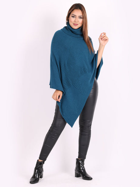 Italian Knitted Star Cowl Neck Lgenlook Poncho-Rust 1