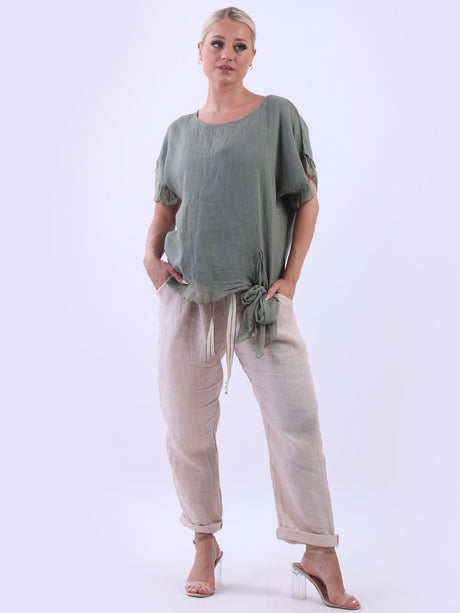 Plain Linen Knot Hem Lagenlook Crop Top