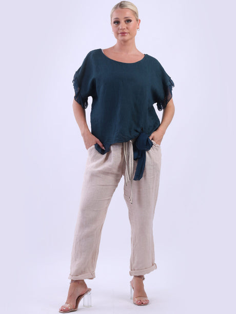 Plain Linen Knot Hem Lagenlook Crop Top