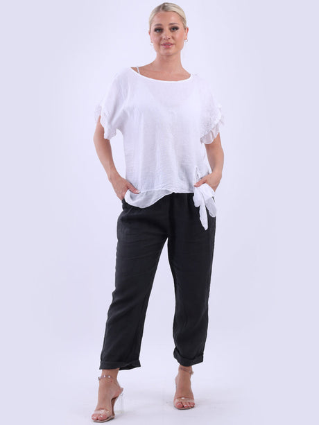 Plain Linen Knot Hem Lagenlook Crop Top