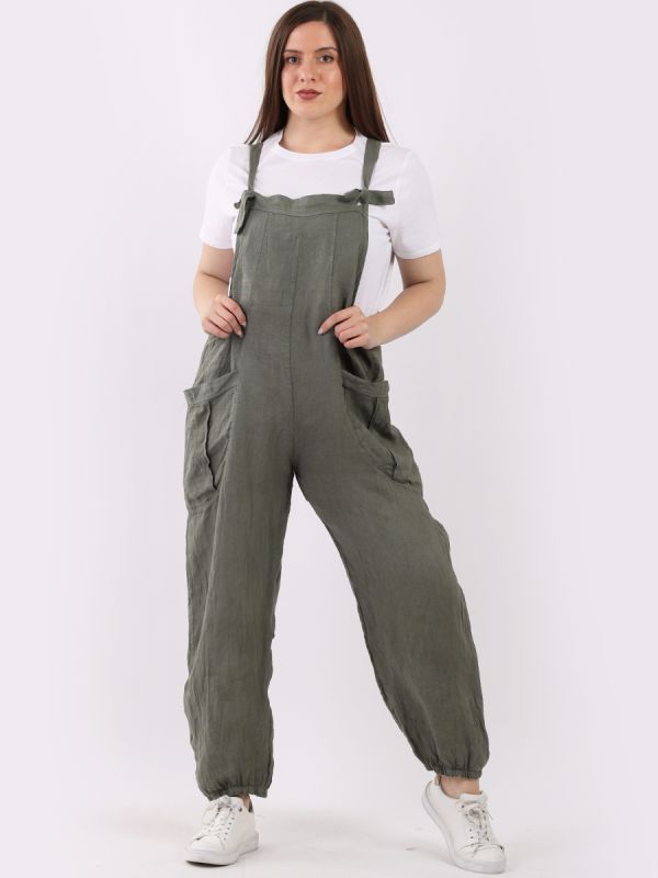 Plain Front Pocket Ladies Linen Lagenlook Dungaree