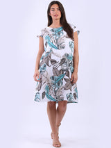 Women Leaf Print Side Pockets Linen Midi Dress