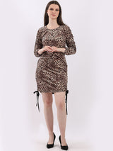 Leopard Print Drawstring Sides Ladies Velour Bodycon Dress