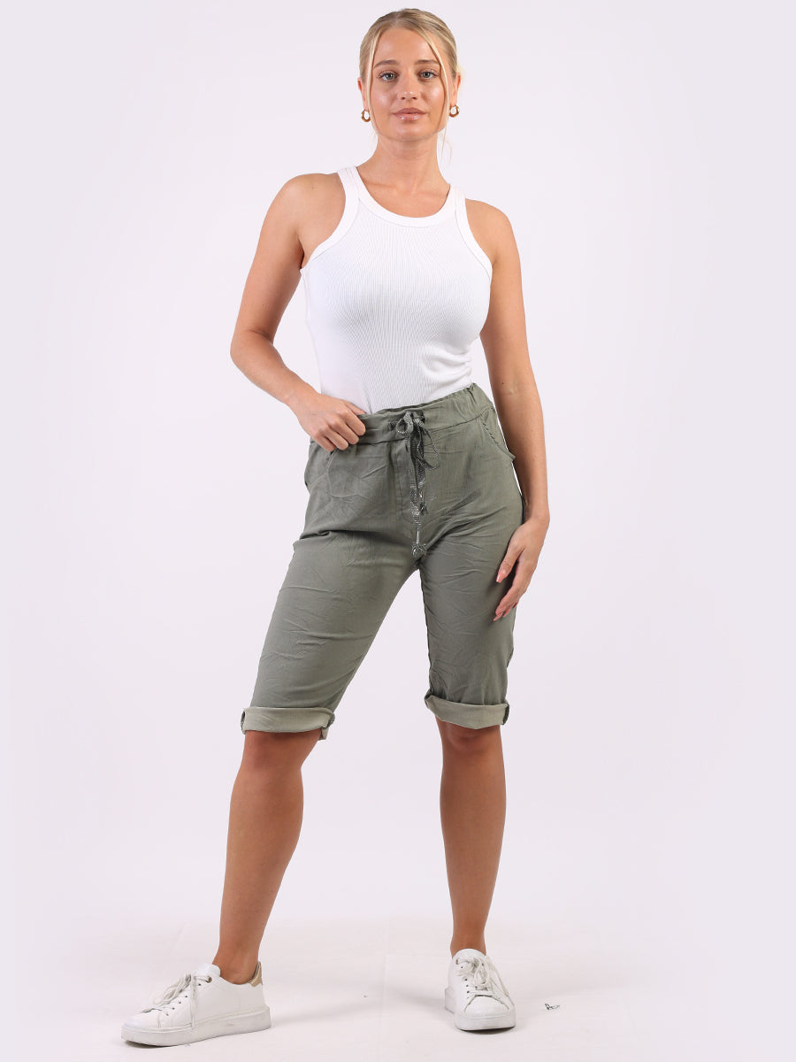 Italian Made Plain Knee Length Stretchable Safari Shorts-Mocha