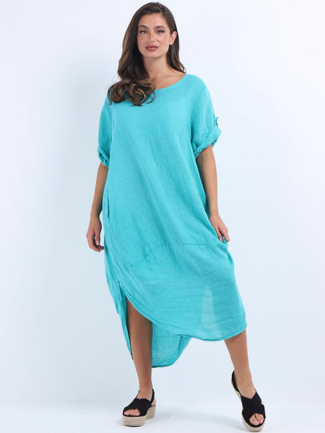 Plain Linen Tabbed Sleeves Slouchy Dress