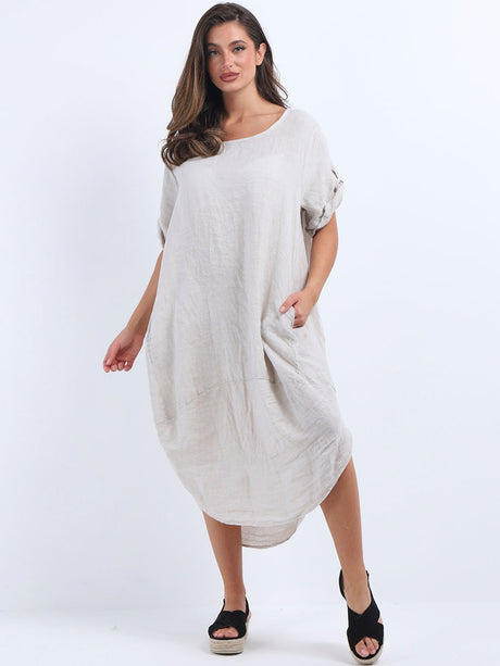 Plain Linen Tabbed Sleeves Slouchy Dress