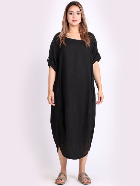 Plain Linen Tabbed Sleeves Slouchy Dress