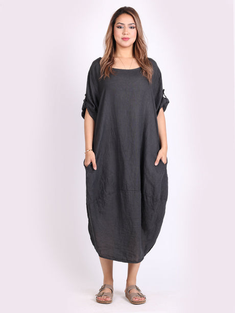 Plain Linen Tabbed Sleeves Slouchy Dress