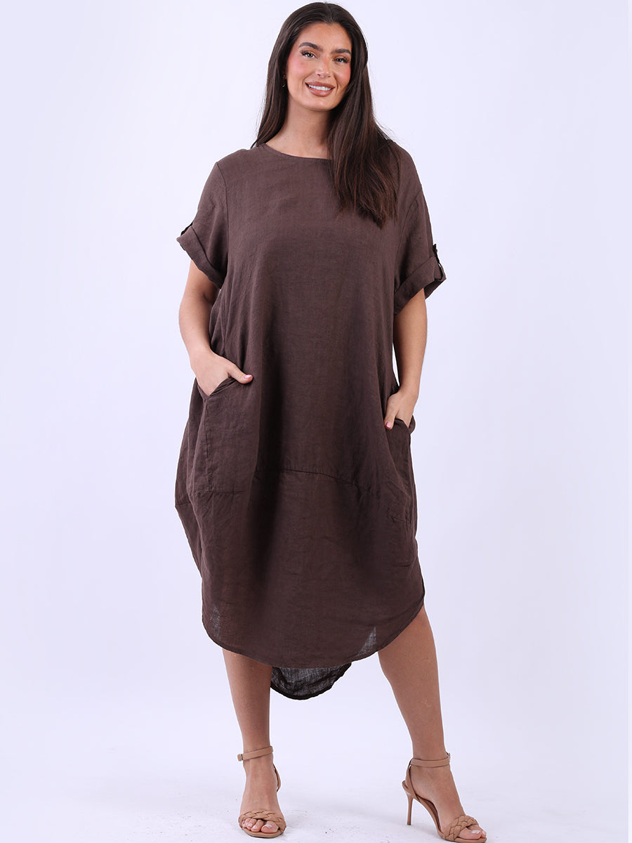 Plain Linen Tabbed Sleeves Slouchy Dress