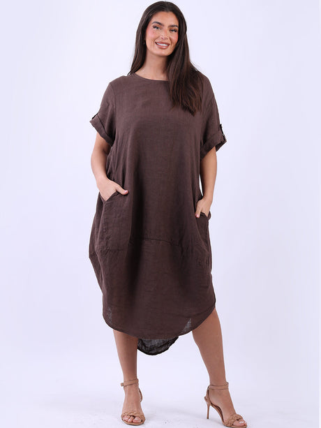 Plain Linen Tabbed Sleeves Slouchy Dress