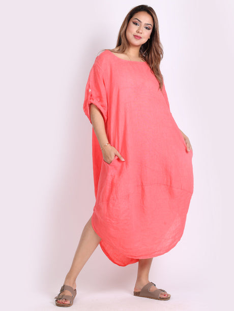 Plain Linen Tabbed Sleeves Slouchy Dress