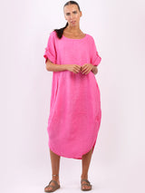 Plain Linen Tabbed Sleeves Slouchy Dress