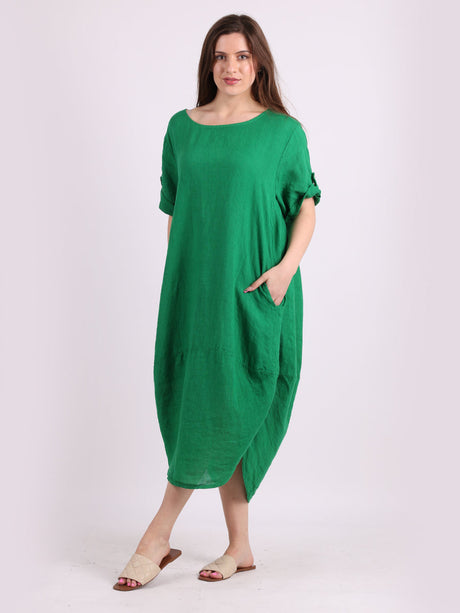 Plain Linen Tabbed Sleeves Slouchy Dress