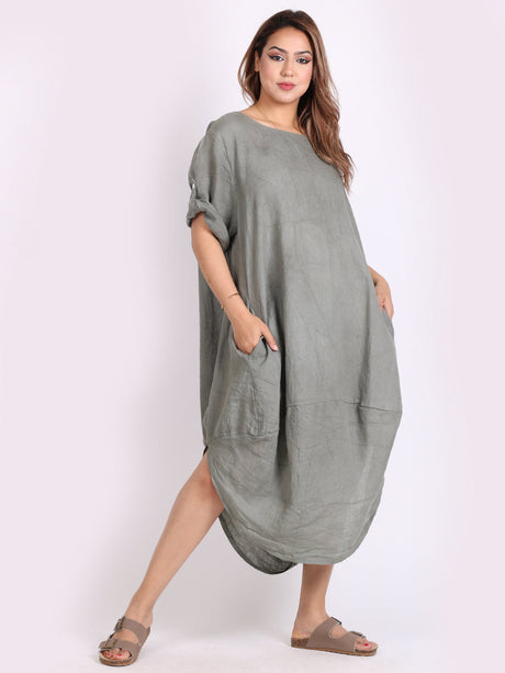 Plain Linen Tabbed Sleeves Slouchy Dress