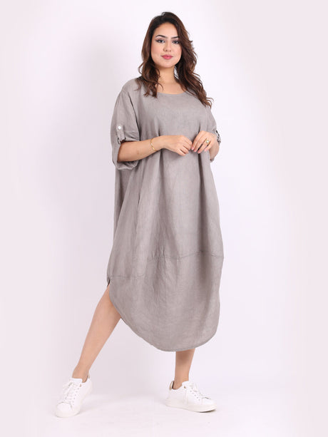 Plain Linen Tabbed Sleeves Slouchy Dress