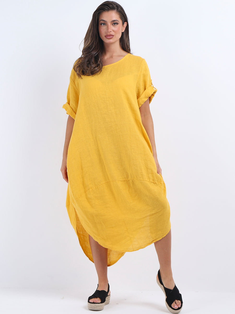 Plain Linen Tabbed Sleeves Slouchy Dress
