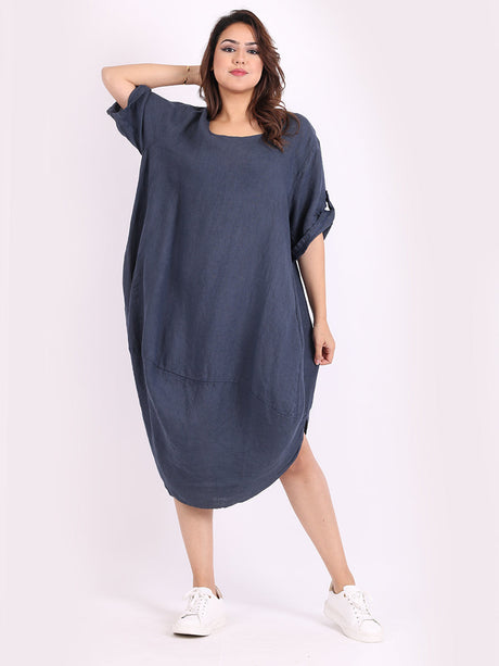 Plain Linen Tabbed Sleeves Slouchy Dress