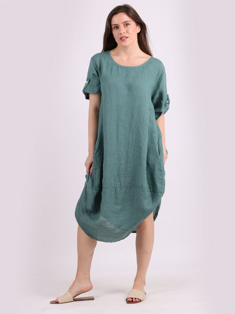 Plain Linen Tabbed Sleeves Slouchy Dress