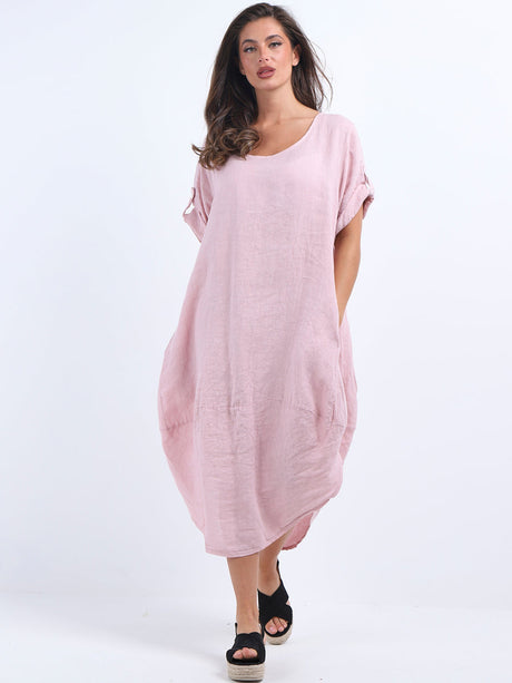 Plain Linen Tabbed Sleeves Slouchy Dress