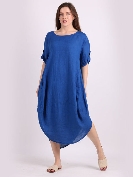 Plain Linen Tabbed Sleeves Slouchy Dress