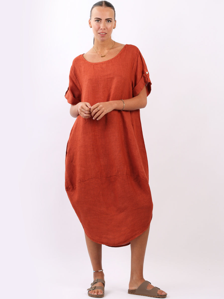 Plain Linen Tabbed Sleeves Slouchy Dress