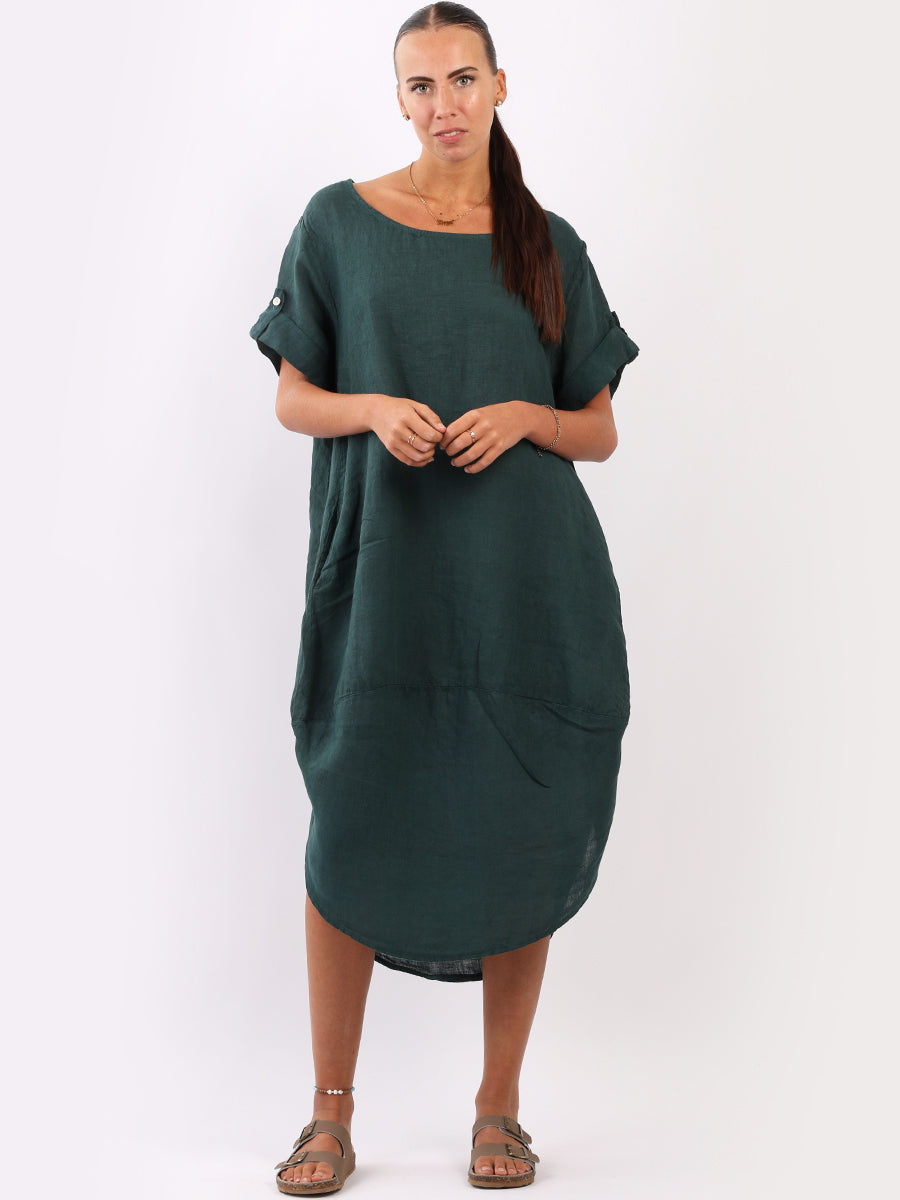 Plain Linen Tabbed Sleeves Slouchy Dress