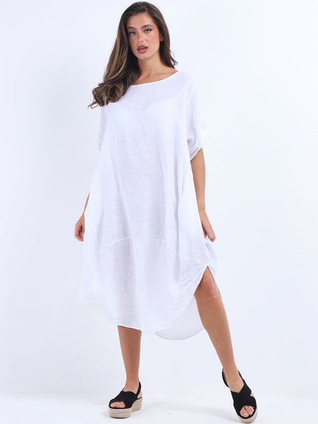 Plain Linen Tabbed Sleeves Slouchy Dress