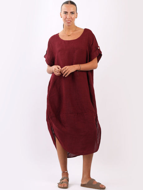 Plain Linen Tabbed Sleeves Slouchy Dress