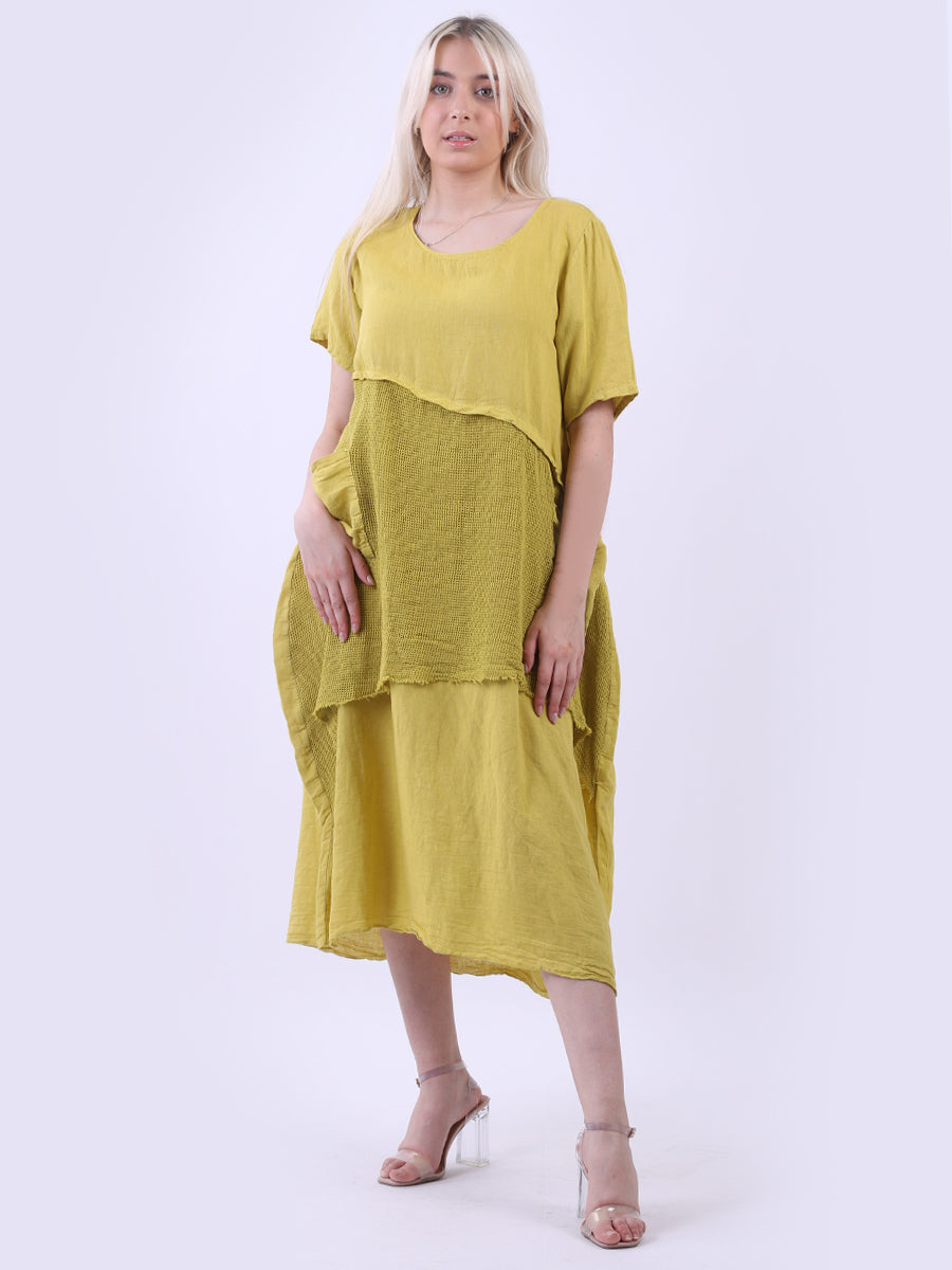 Ladies Solid Linen Mesh Net Midi Dress