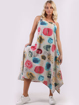 Multi Polka Dots Strappy Linen Dress