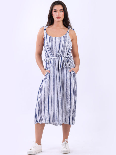 Striped Print Tie Knot Shoulder Cropped Playsuit