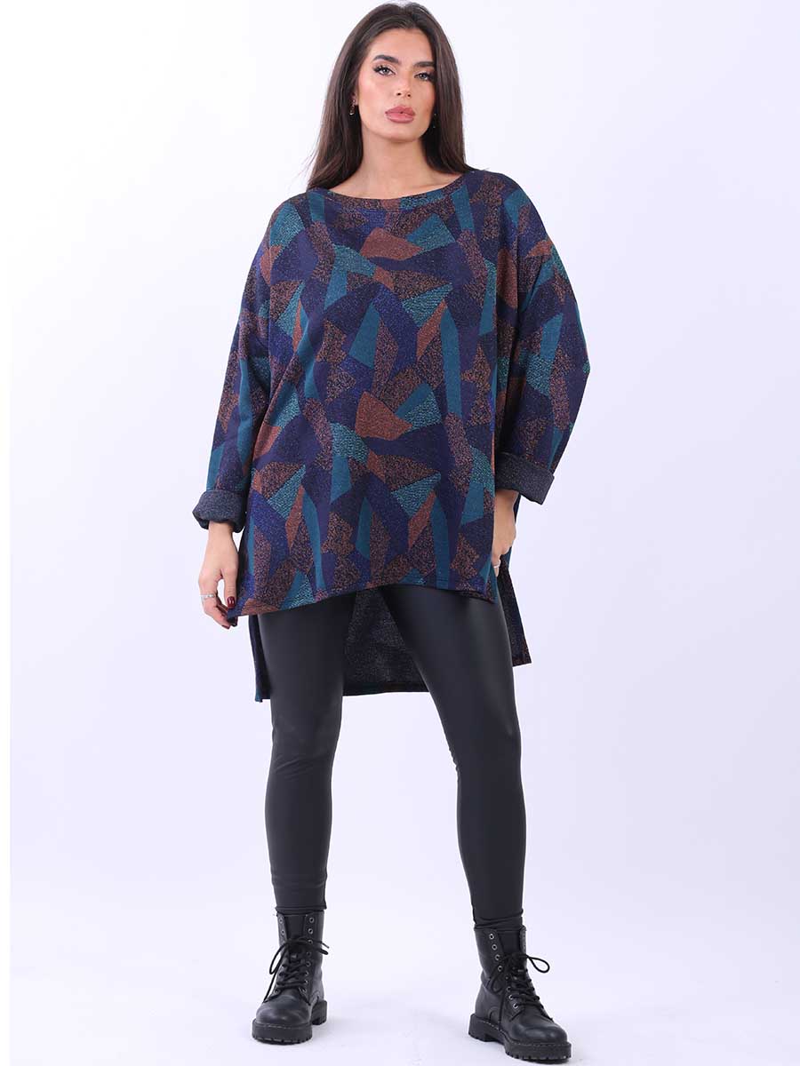 Women Lagenlook Multicolor Geometric Lurex Top