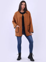 Contrast Edges Collarless Oversized Teddy Woolen Jacket