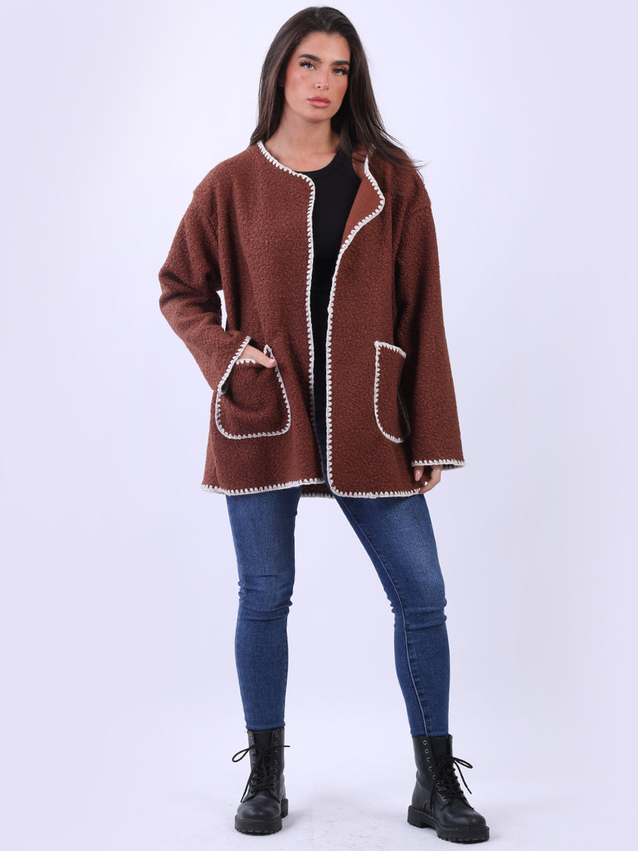 Contrast Edges Collarless Oversized Teddy Woolen Jacket