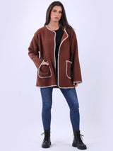 Contrast Edges Collarless Oversized Teddy Woolen Jacket