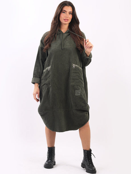 Ladies Cotton Corduroy Oversized Quirky Hooded Dress