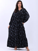 Plus Size Floral Print Frilled Waist Maxi Swing Dress