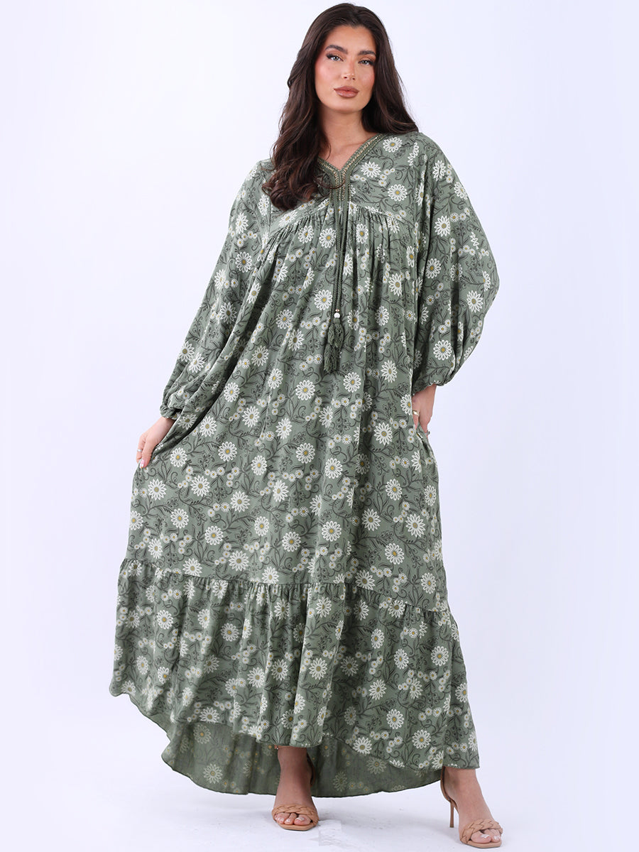 Plus Size Floral Print Frilled Waist Maxi Swing Dress