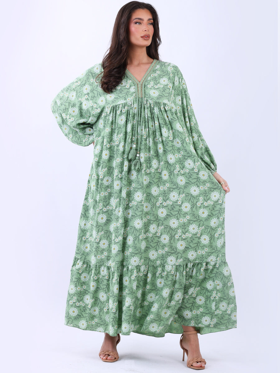 Plus Size Floral Print Frilled Waist Maxi Swing Dress