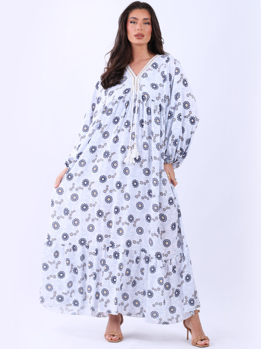 Plus Size Floral Print Frilled Waist Maxi Swing Dress