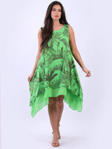 Botanical Print Flared Hem Sleeveless Linen Dress