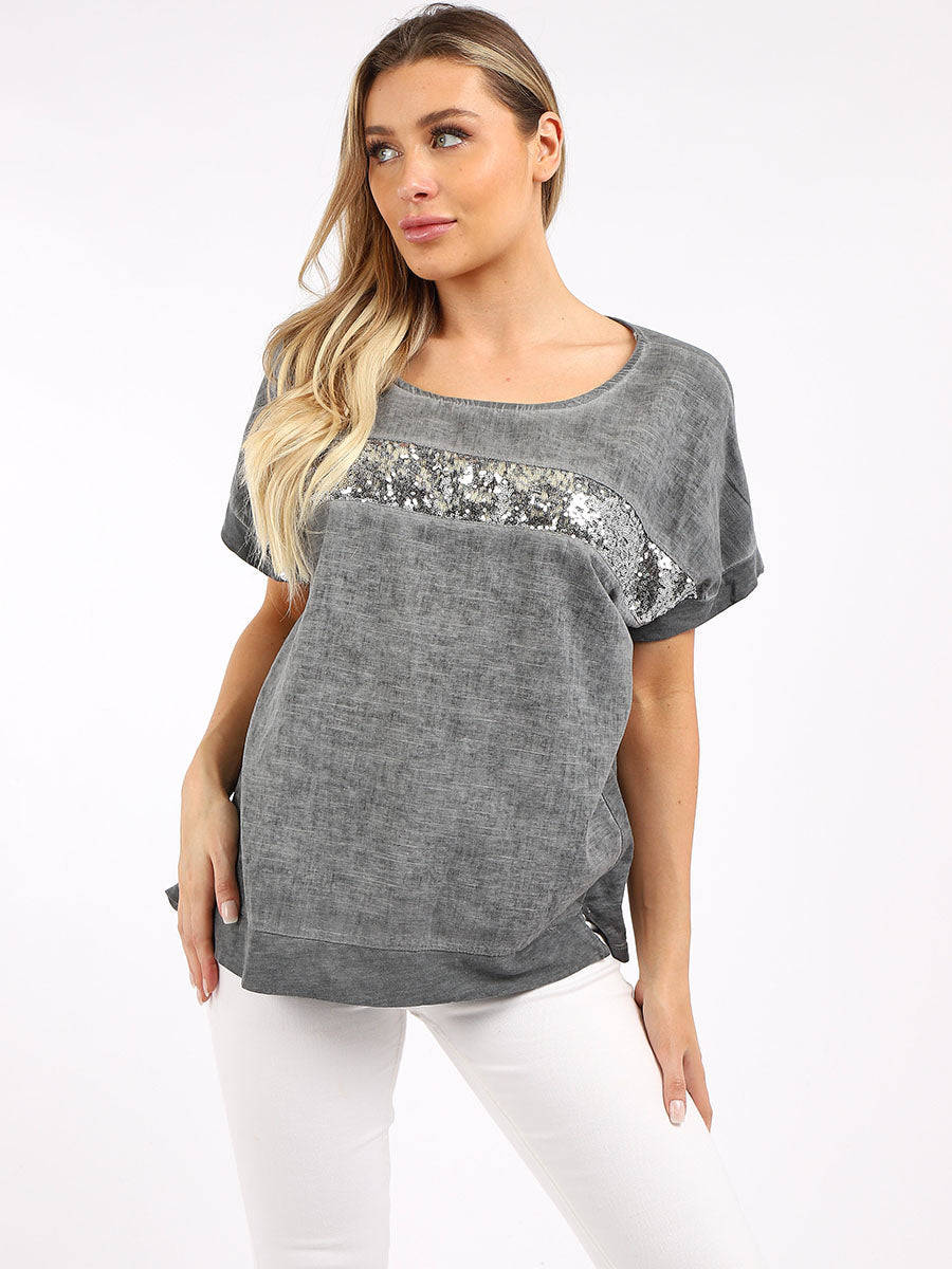 Ladies Plain Acid Wash Linen Fancy Sequin Crop Top