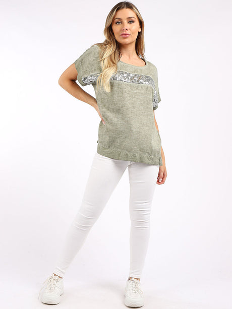 Ladies Plain Acid Wash Linen Fancy Sequin Crop Top