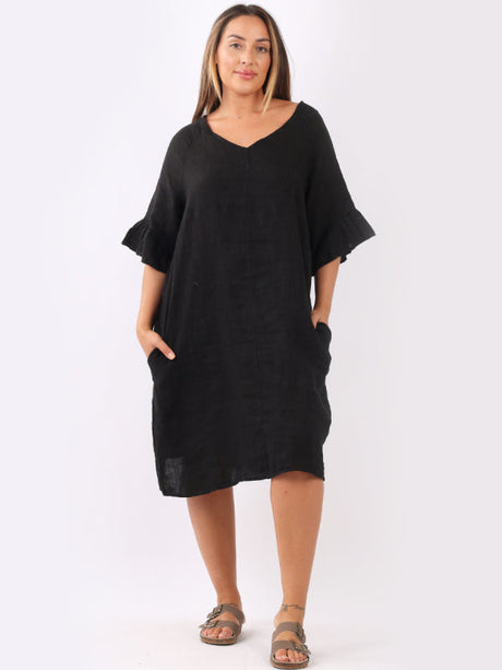 Bell Arm Solid Linen Summer Midi Dress