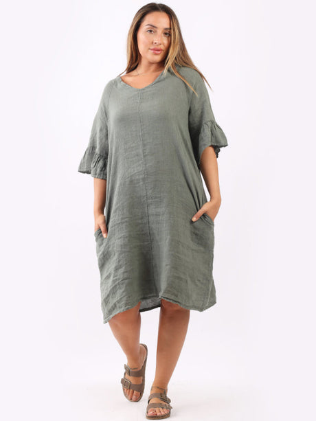 Bell Arm Solid Linen Summer Midi Dress